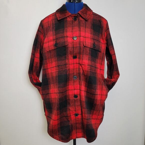 Old Navy Mens Red Black Buffalo Check Plaid Thick Flannel Shirt Jacket/Shacket M - Picture 1 of 15